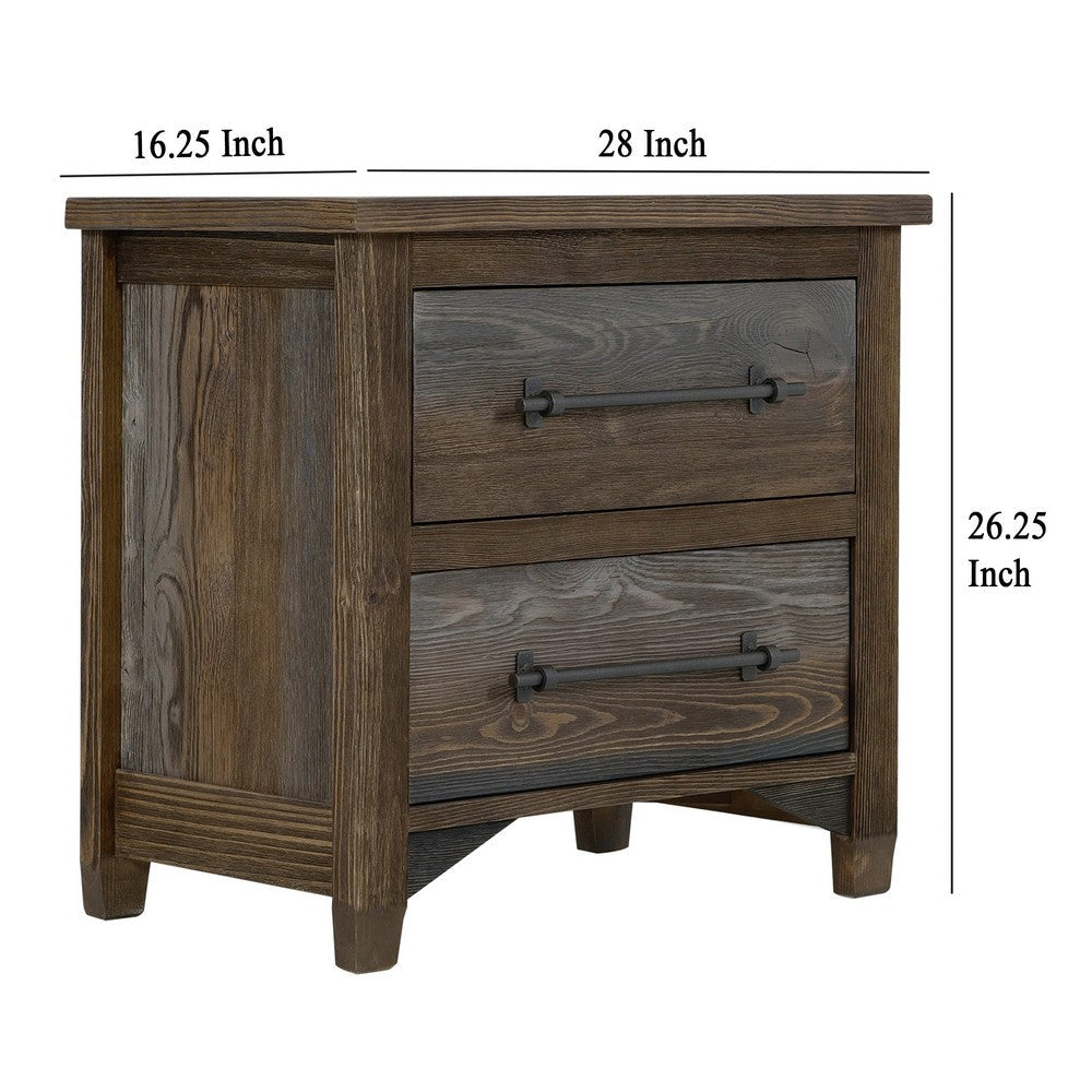 Tinaa Nightstand | 2 Drawers | Metal Handles | Brown Pine Wood | 28’’ BM333431