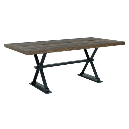 Tinaa Dining Table | Industrial Trestle Base | Brown Pine Wood | 79"