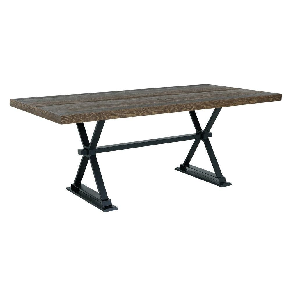 Tinaa Dining Table | Industrial Trestle Base | Brown Pine Wood | 79"