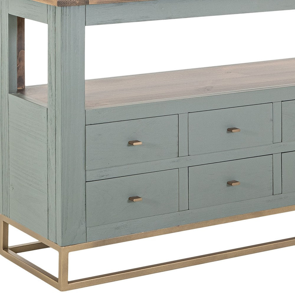 Timmy Sofa Table | 8 Drawers | 1 Shelf | Sage Green Pine Wood | 55’’ BM333440