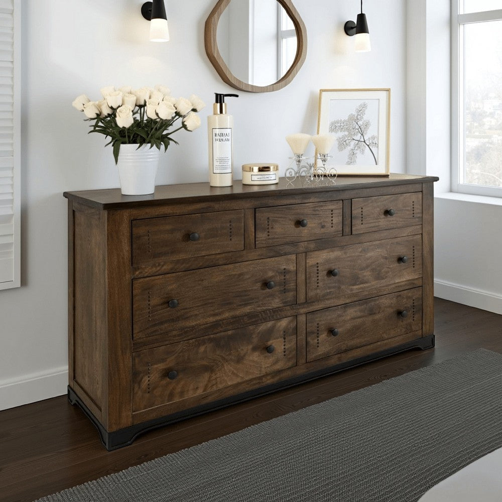 Linaa Wide Dresser | 7 Drawers | Barrel Brown Wood | Knob Handles