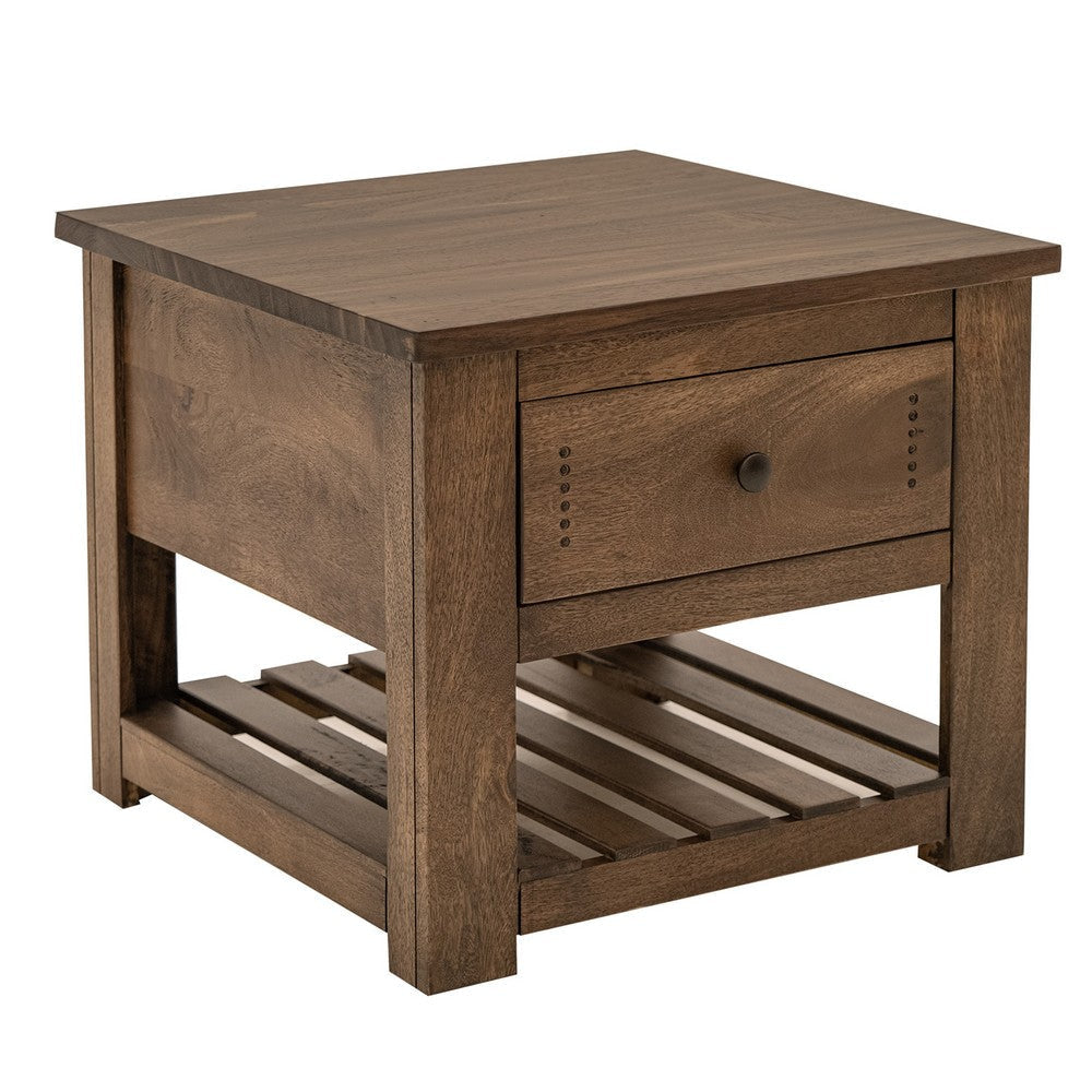 Linaa Side End Table | 1 Drawer | 1 Shelf | Barrel Brown Wood | 27"