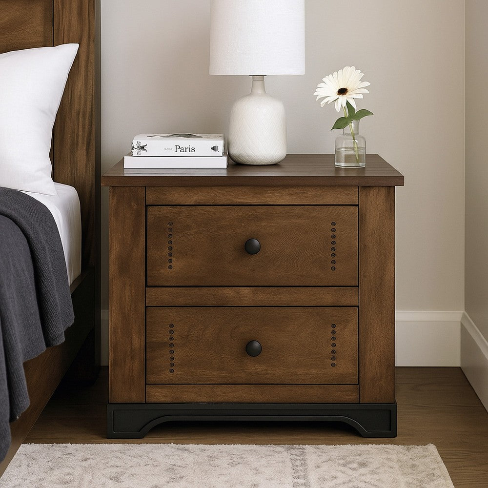 Linaa End Nightstand | 2 Drawers | Barrel Brown Wood Frame | 30"