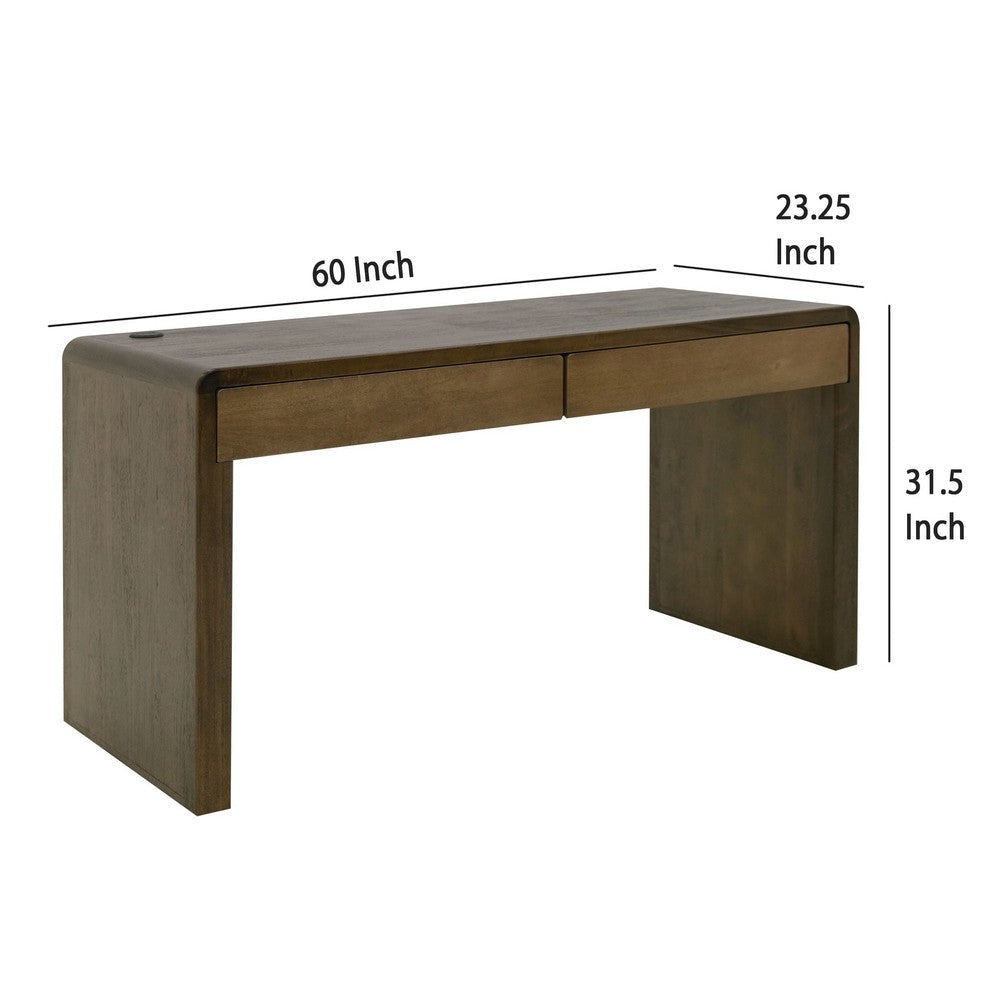 Esis Writing Desk | 2 Drawers | USB Ports | Dark Brown Mango Wood 60’’ BM333468