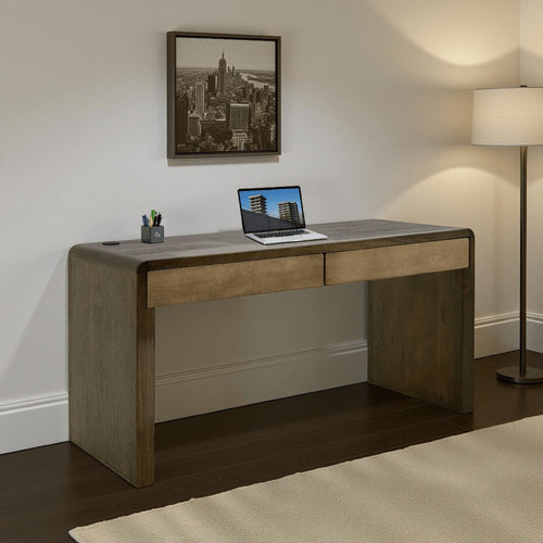 Esis Writing Desk | 2 Drawers | USB Ports | Dark Brown Mango Wood 60"