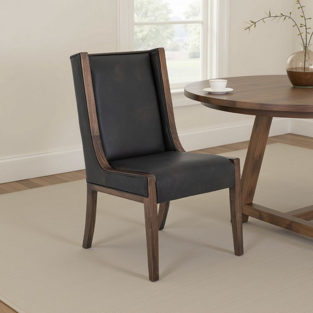 Ally Dining Side Chair Set of 2 | Brown Wood | Black Faux Leather
