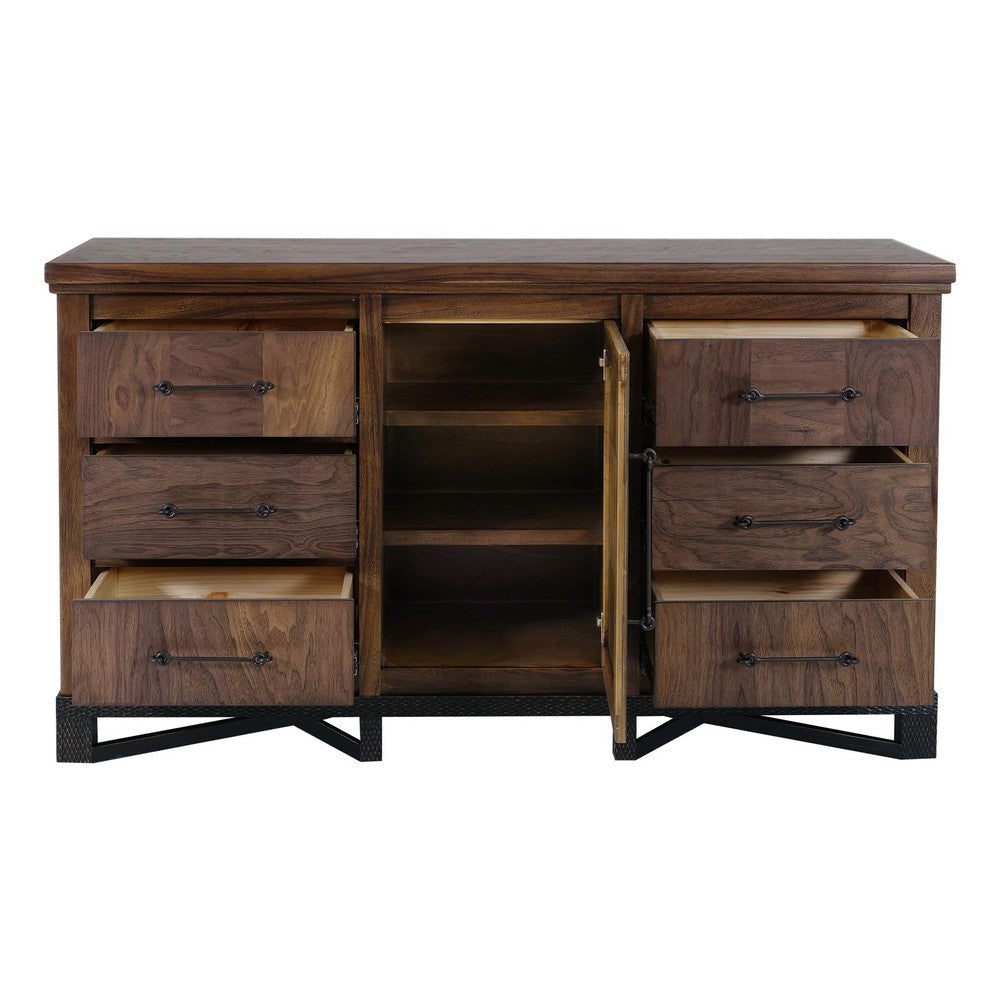 Ally Wide Dresser | 6 Drawers | Center Cabinet | Walnut Brown Wood BM333483