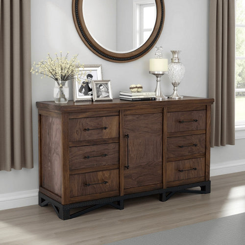 Ally Wide Dresser | 6 Drawers | Center Cabinet | Walnut Brown Wood