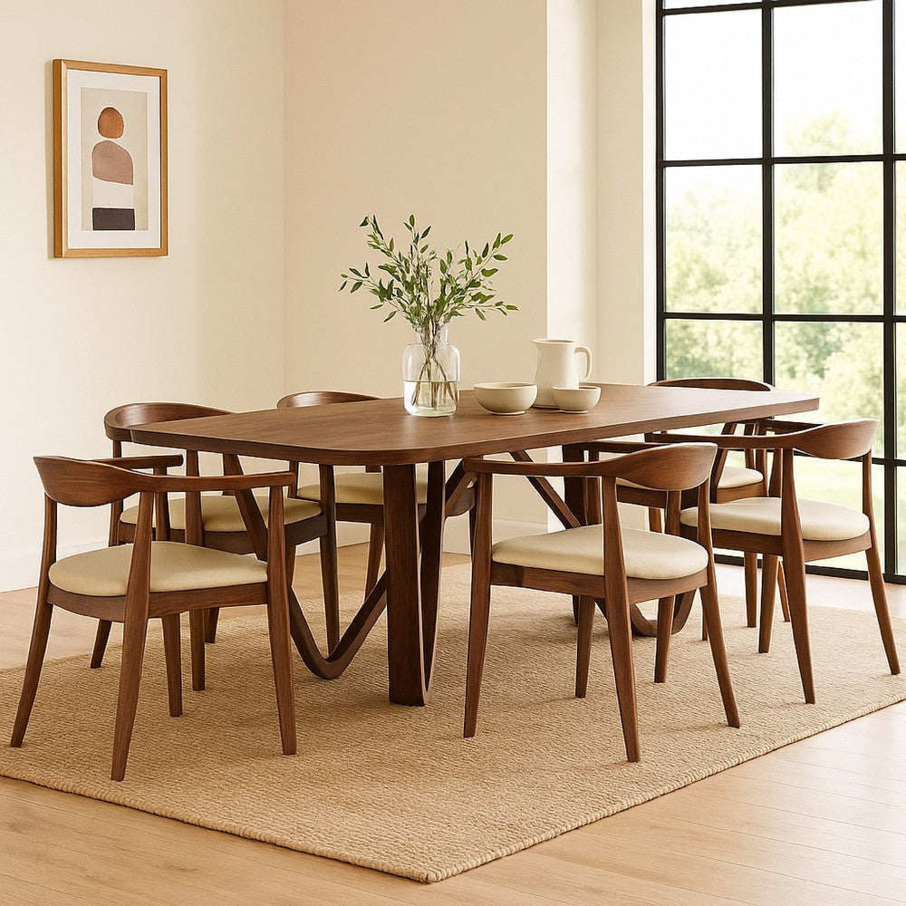 Niva 7pc Dining Table Set | 6 Fabric Chairs | Brown Full Solid Wood