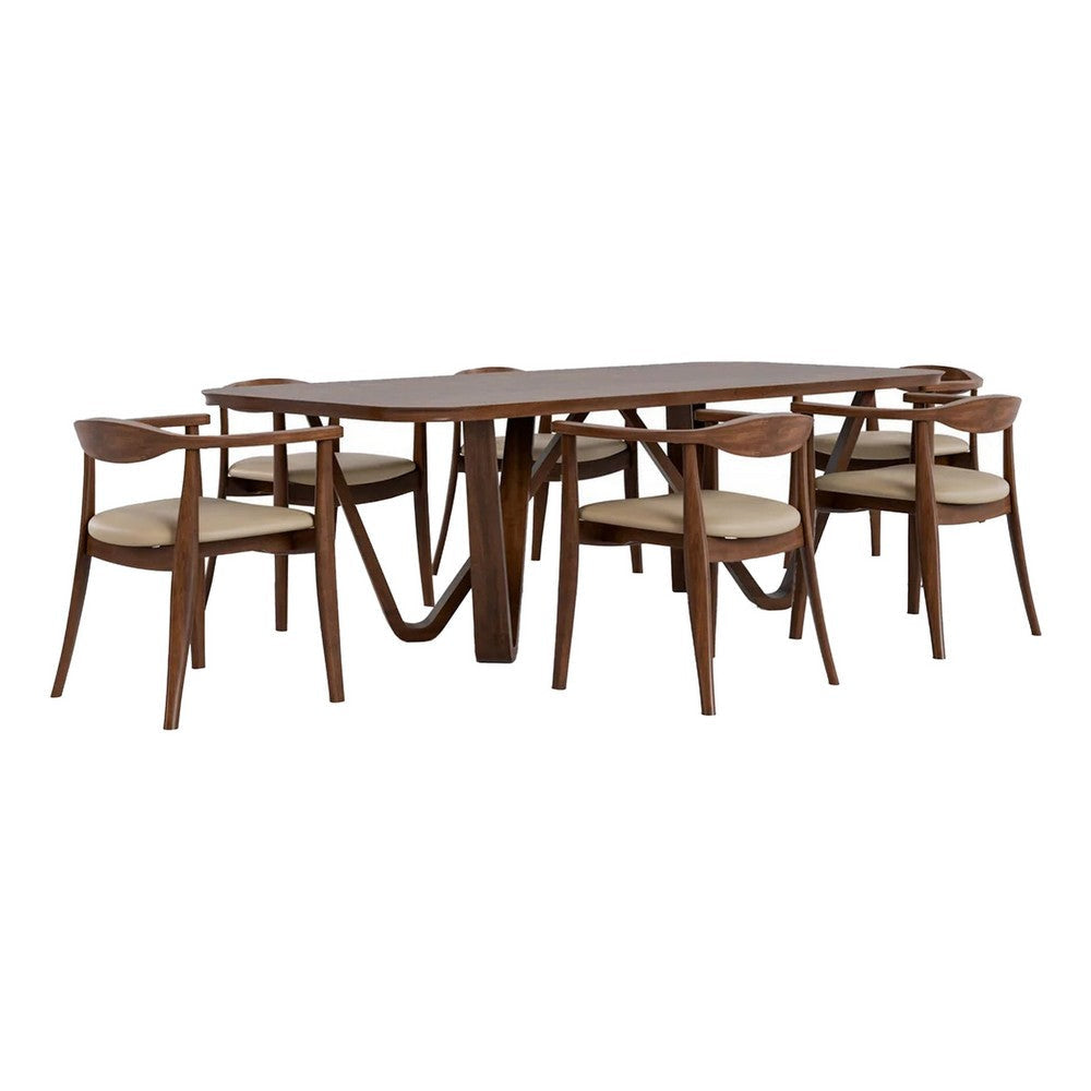 Niva 7pc Dining Table Set | 6 Fabric Chairs | Brown Full Solid Wood