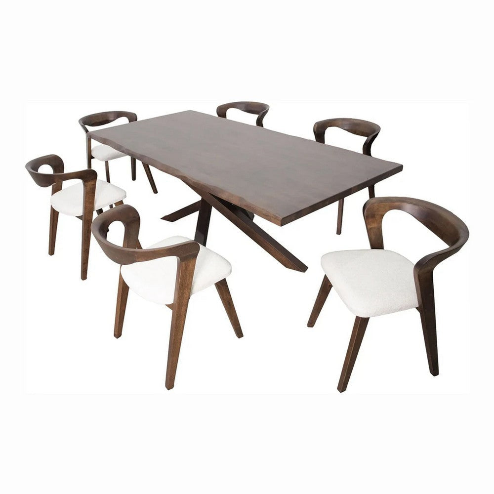 Vyva 7pc Dining Table Set | 6 Ivory Chairs | Brown Full Solid Wood BM333494