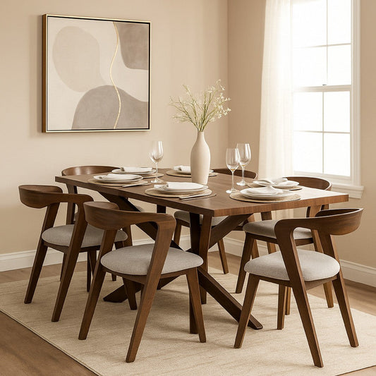 Vyva 7pc Dining Table Set | 6 Ivory Chairs | Brown Full Solid Wood