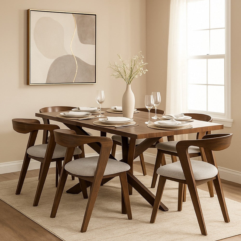 Vyva 7pc Dining Table Set | 6 Ivory Chairs | Brown Full Solid Wood