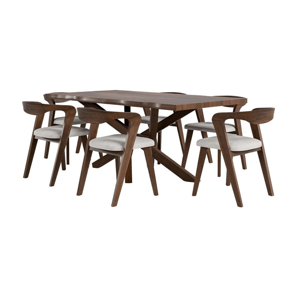 Vyva 7pc Dining Table Set | 6 Ivory Chairs | Brown Full Solid Wood