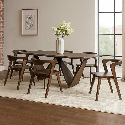 Rumy 7pc Extendable Dining Table Set, 6 Chairs, Diamond Edge, Brown