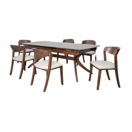 Viki 7pc Extendable Dining Table Set | Ivory Fabric Chairs Brown Wood