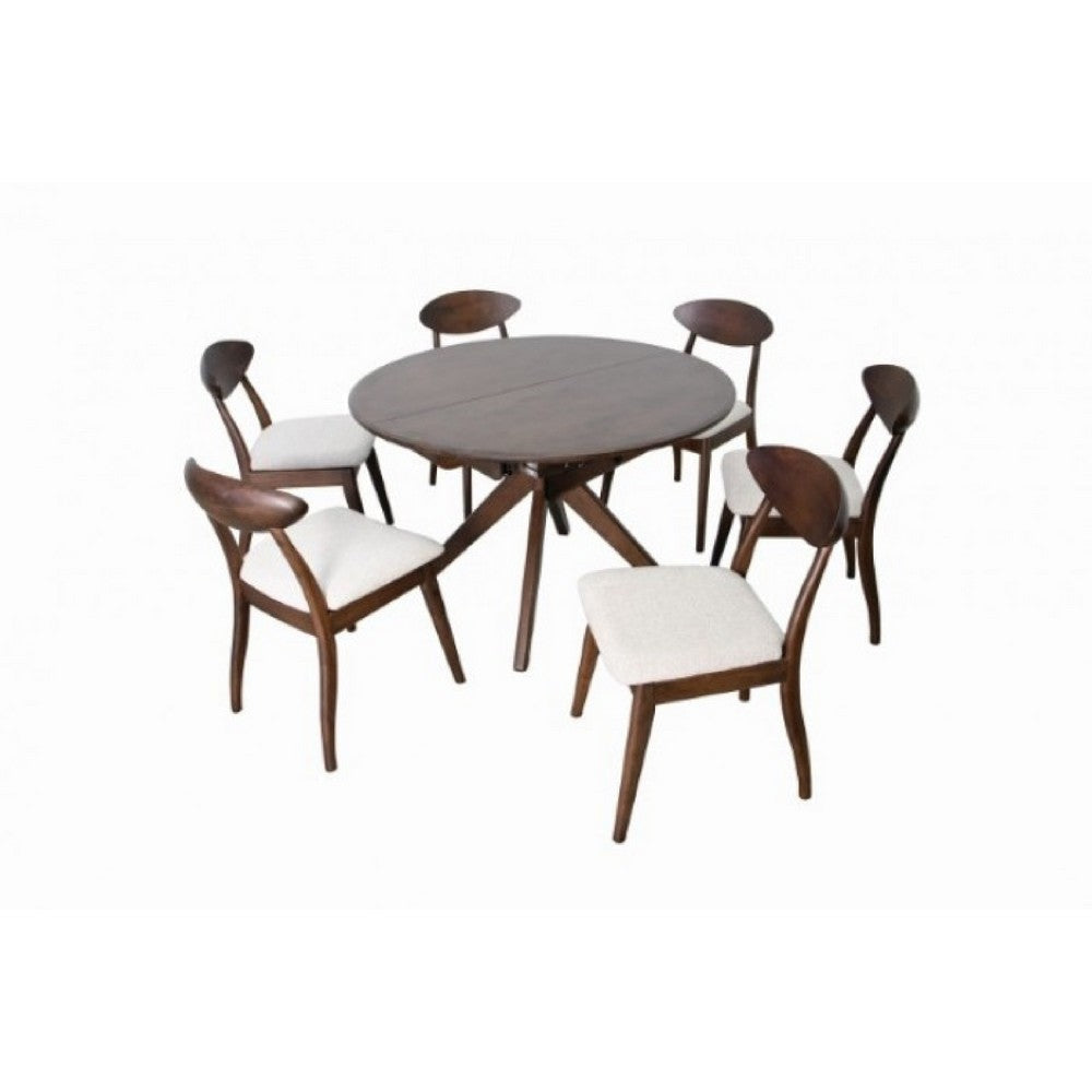 Mikie 7pc Extendable Dining Table Set | 6 Ivory Fabric Chairs | Brown BM333498