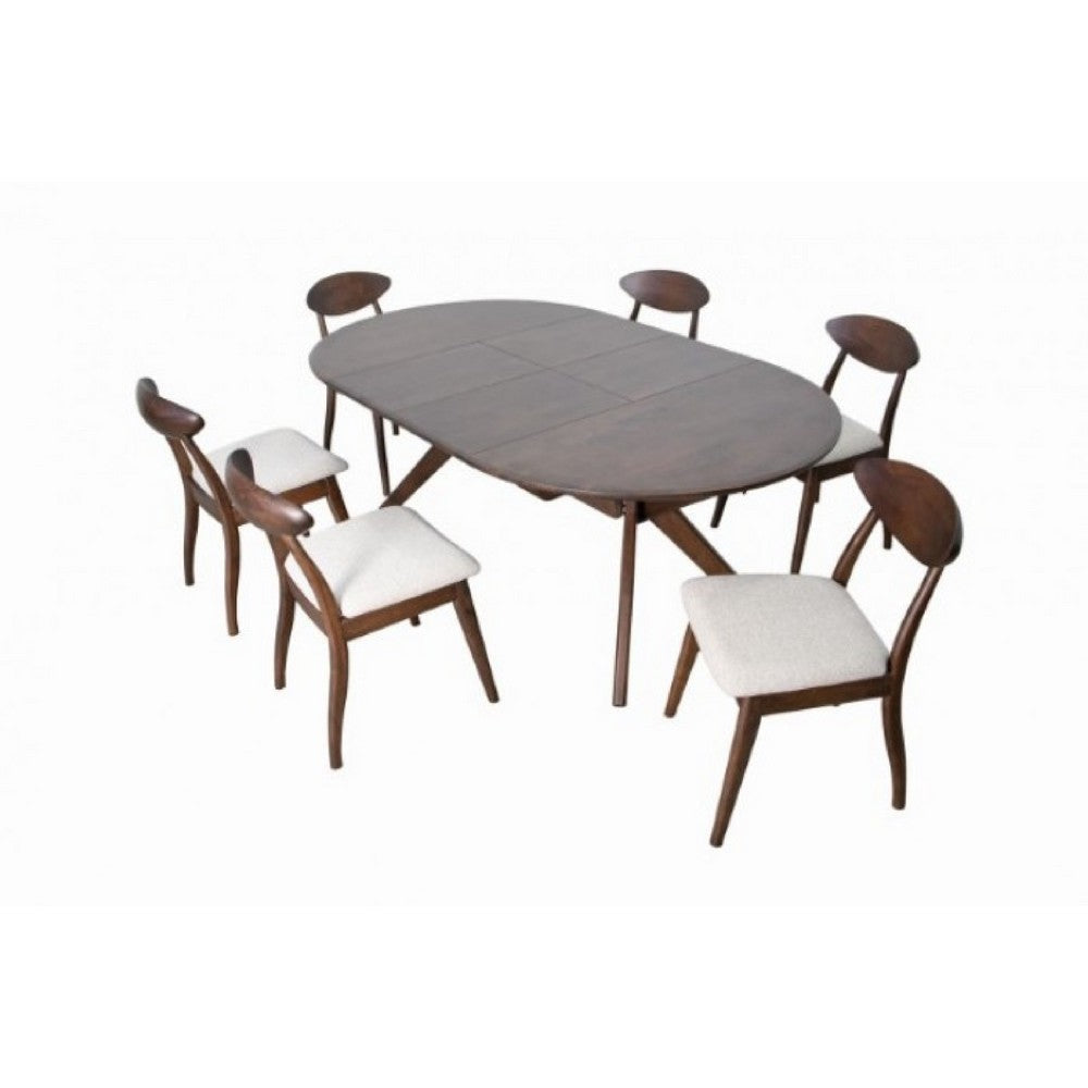 Mikie 7pc Extendable Dining Table Set | 6 Ivory Fabric Chairs | Brown
