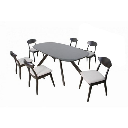 Ziva 7pc Dining Table Set | 6 Fabric Chairs | 3D Cut Edges Black Wood