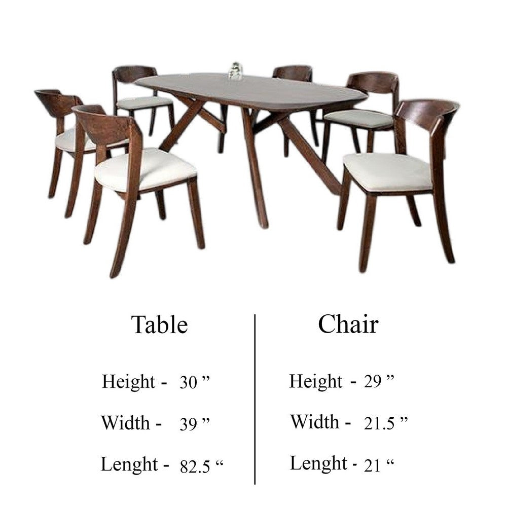 Ziva 7pc Dining Table Set | 6 Ivory Chairs | 3D Edge Brown Solid Wood BM333501
