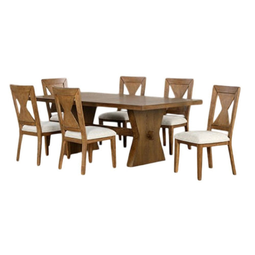 Zivy 7pc Dining Table Set | Modern Farmhouse Brown | 6 Fabric Chairs
