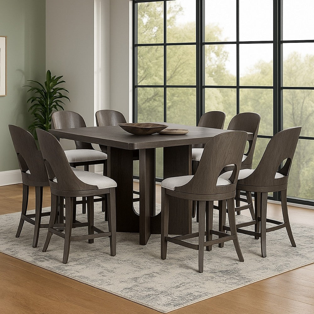 Zoko 9pc Counter Height Dining Table Set | White Seats, Ash Gray Wood