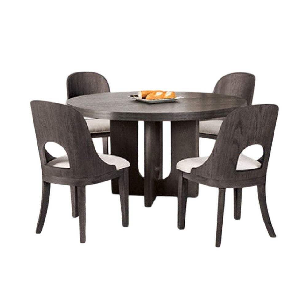 Zoko 5pc Round Dining Table Set | White Polyester Chairs | Gray Wood