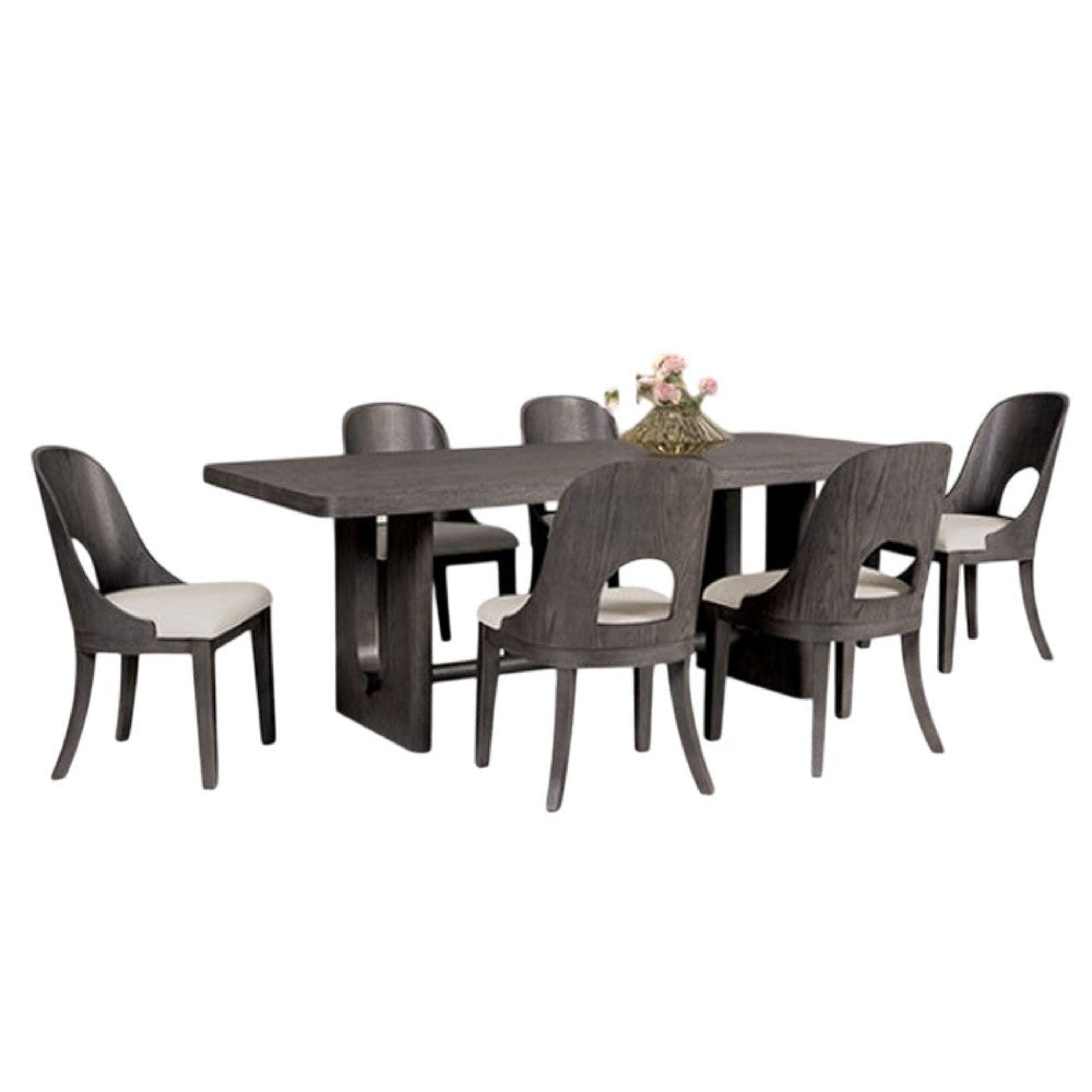 Zoko 7pc Dining Table Set | White Polyester Chairs | Gray Rubberwood BM333515