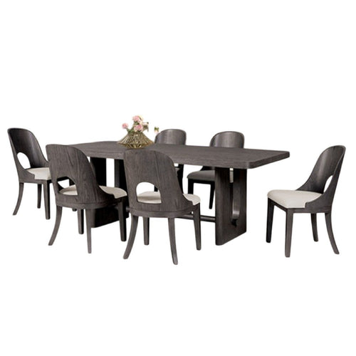 Zoko 7pc Dining Table Set | White Polyester Chairs | Gray Rubberwood