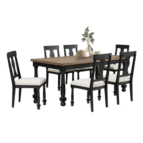 Ginie 7pc Dining Table Set | 6 Chairs | Farmhouse Legs | Black Wood