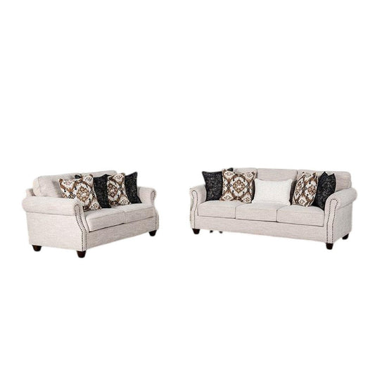 Serra 2pc Sofa and Loveseat Set | 9 Accent Pillows | Greige Polyester