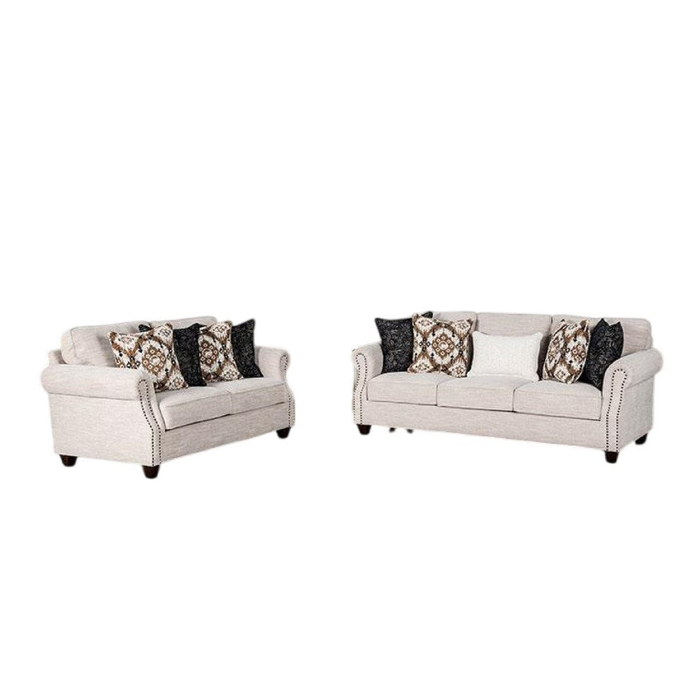 Serra 2pc Sofa and Loveseat Set | 9 Accent Pillows | Greige Polyester