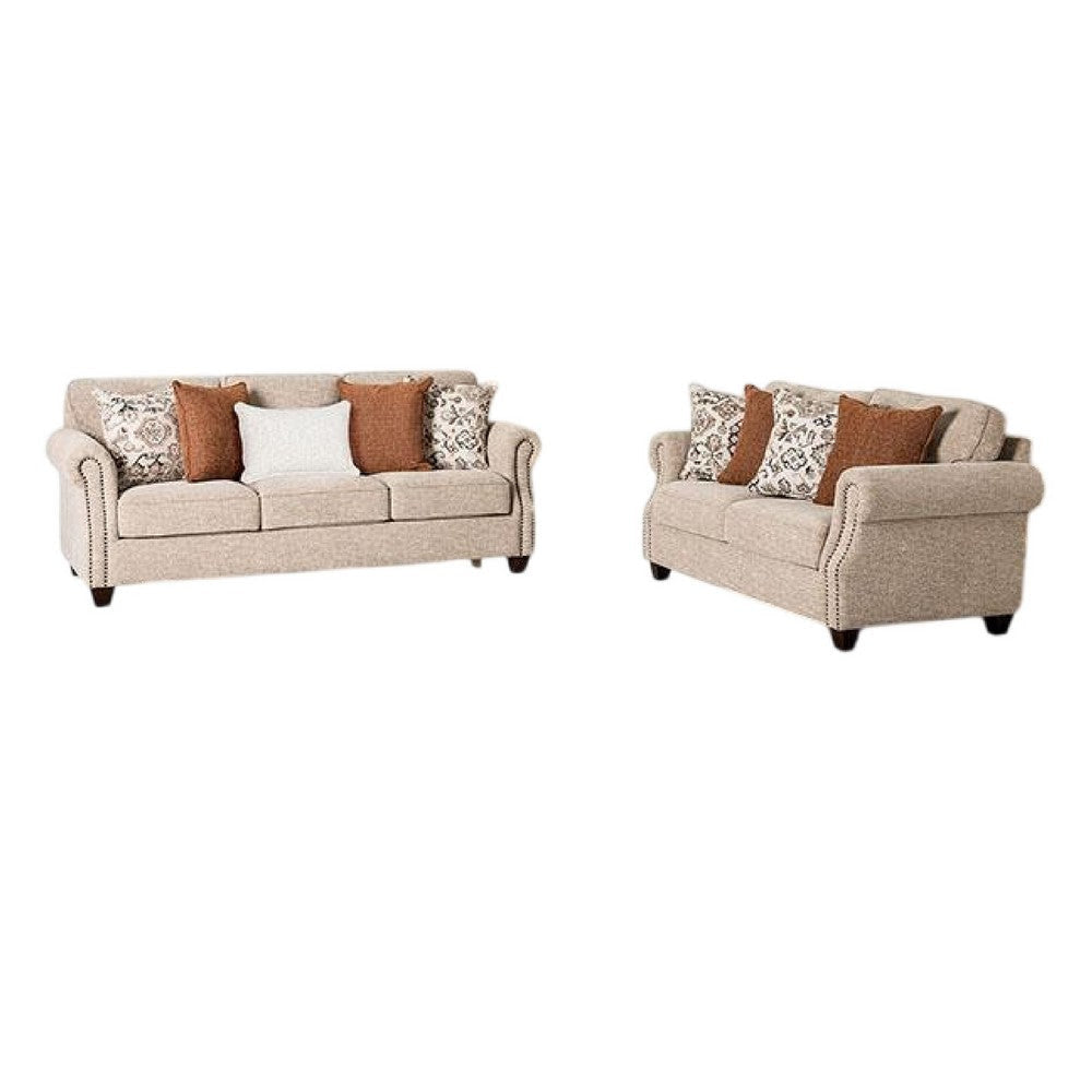 Bonie Sofa and Loveseat Set | Rolled Arms | 9 Pillow | Taupe Polyester BM333524