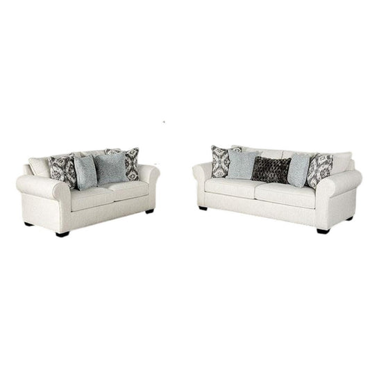 Berrie 2pc Sofa Loveseat Set | 9 Throw Pillows Modern White Polyester