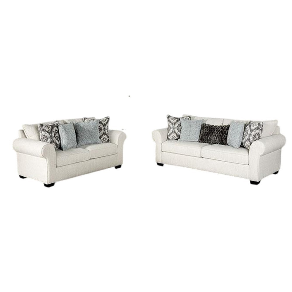 Berrie 2pc Sofa Loveseat Set | 9 Throw Pillows Modern White Polyester
