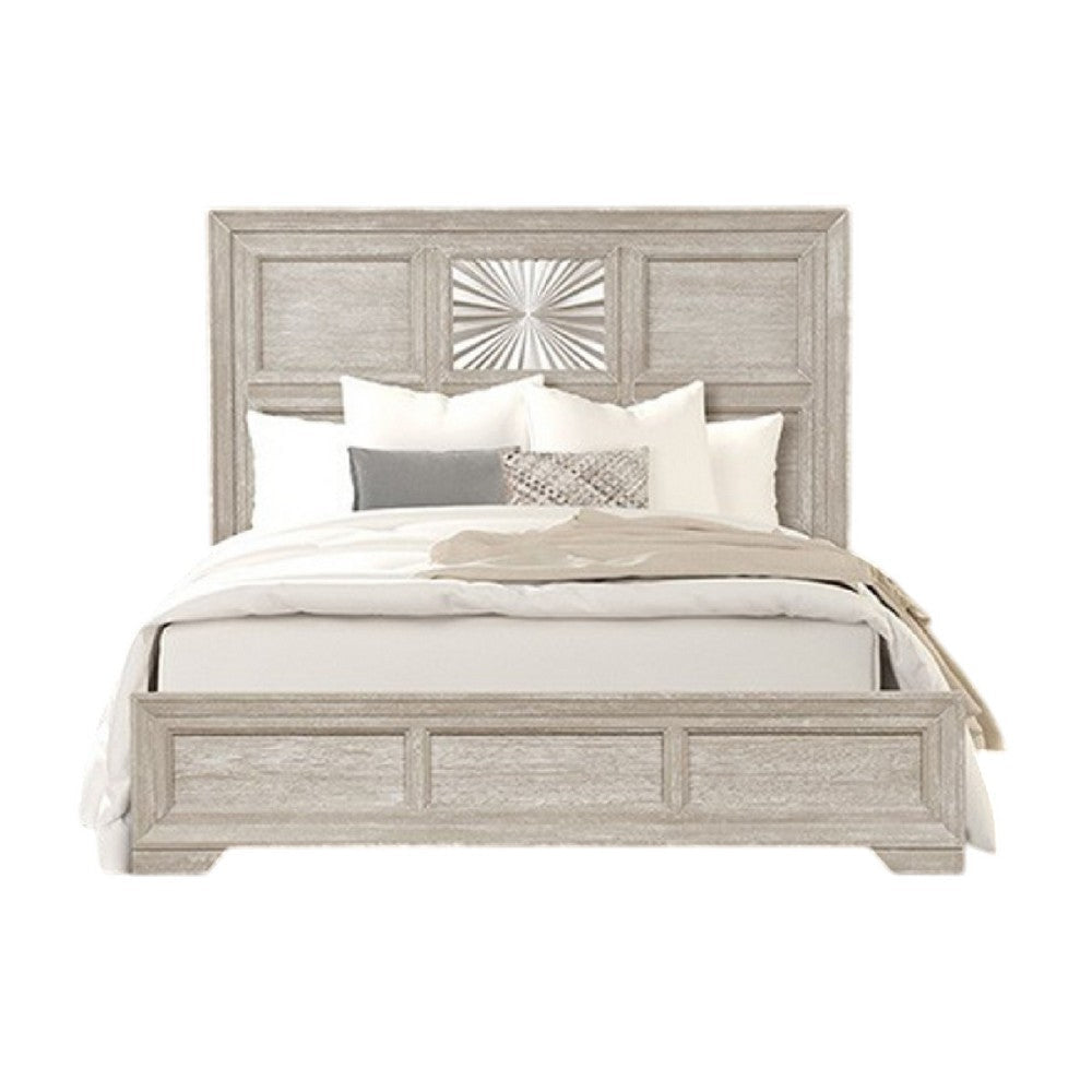 Diaz King Bed | Sunburst Pattern and Recessed Panel | Light Gray Wood