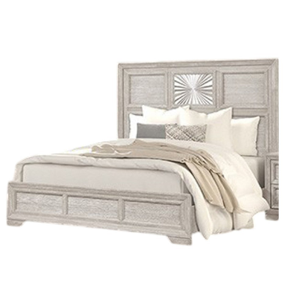 Diaz King Bed | Sunburst Pattern and Recessed Panel | Light Gray Wood