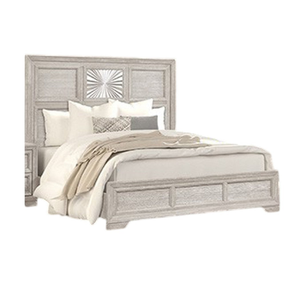 Diaz King Bed | Sunburst Pattern and Recessed Panel | Light Gray Wood