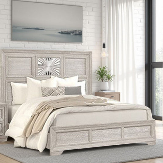 Diaz King Bed | Sunburst Pattern and Recessed Panel | Light Gray Wood