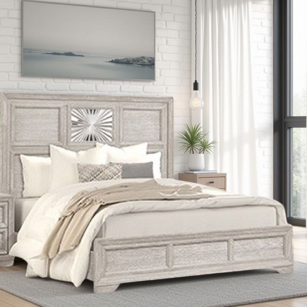 Diaz King Bed | Sunburst Pattern and Recessed Panel | Light Gray Wood