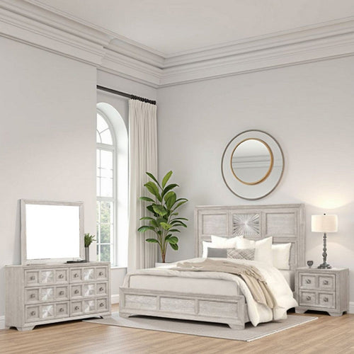 Diaz 4pc Queen Size Bedroom Set | Dresser Mirror | Sunburst Light Gray