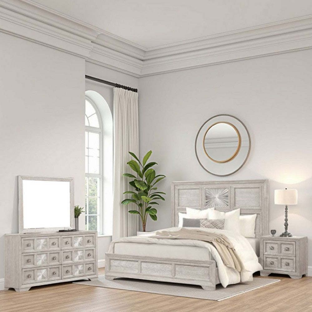 Diaz 4pc Queen Size Bedroom Set | Dresser Mirror | Sunburst Light Gray