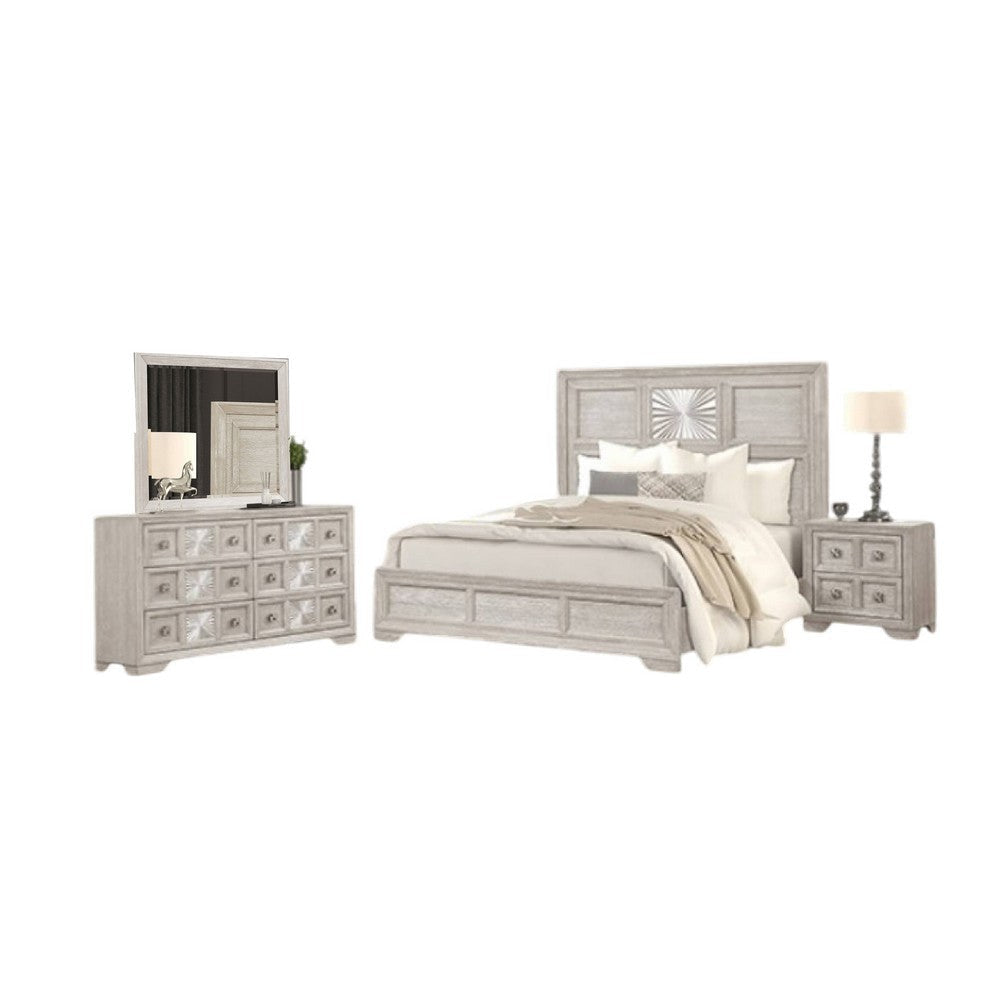 Diaz 4pc Queen Size Bedroom Set | Dresser Mirror | Sunburst Light Gray