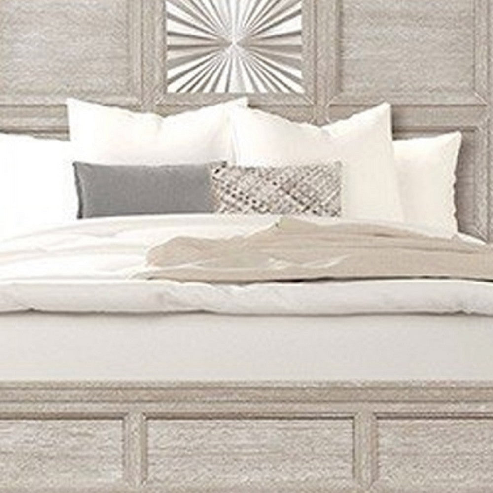Diaz Queen Bed | Sunburst Pattern | Recessed Panel | Light Gray Wood