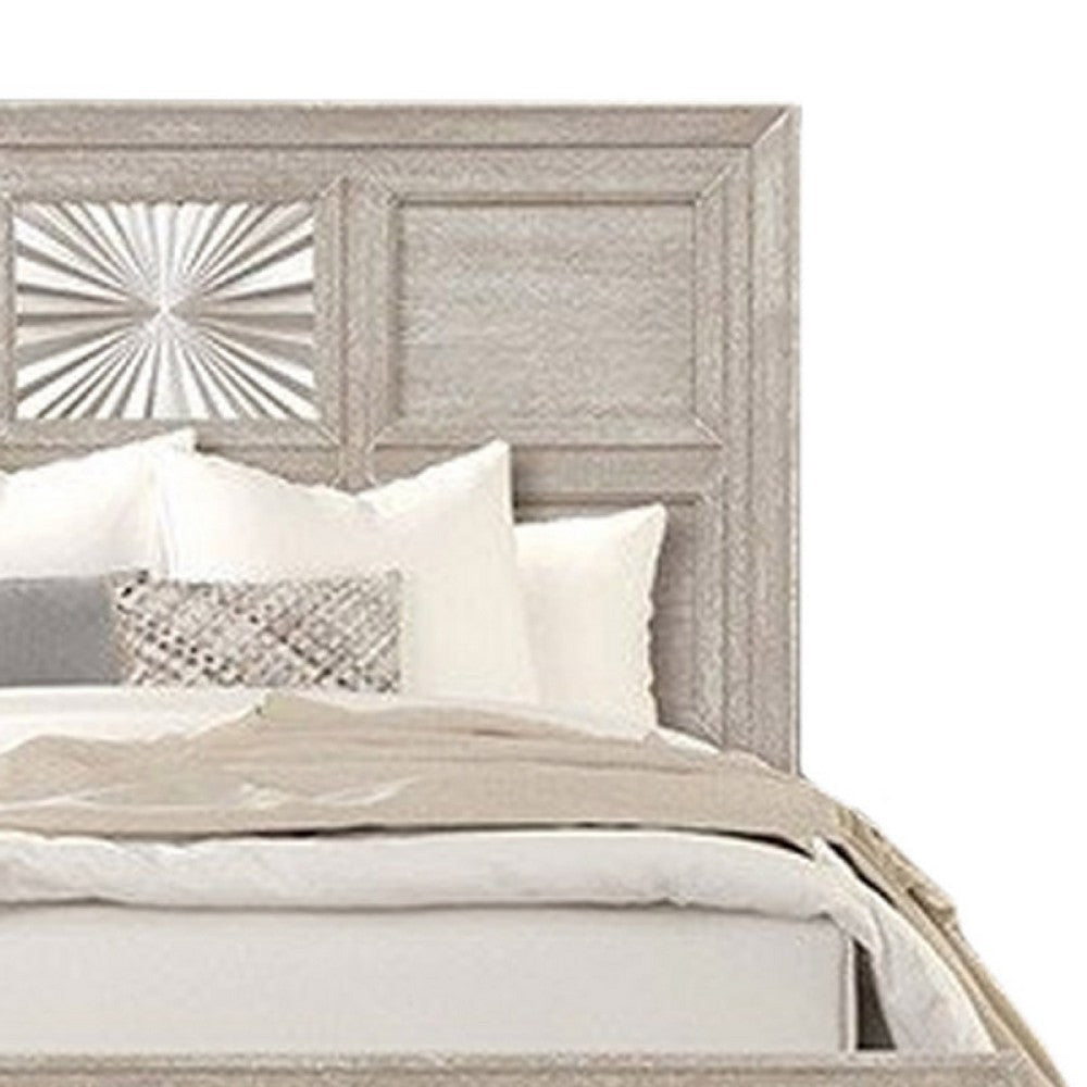 Diaz Queen Bed | Sunburst Pattern | Recessed Panel | Light Gray Wood