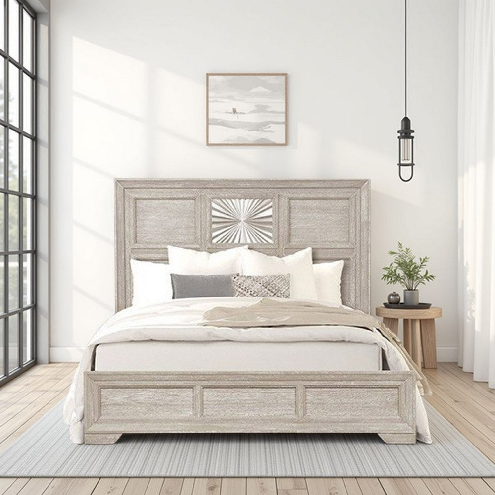 Diaz Queen Bed | Sunburst Pattern | Recessed Panel | Light Gray Wood