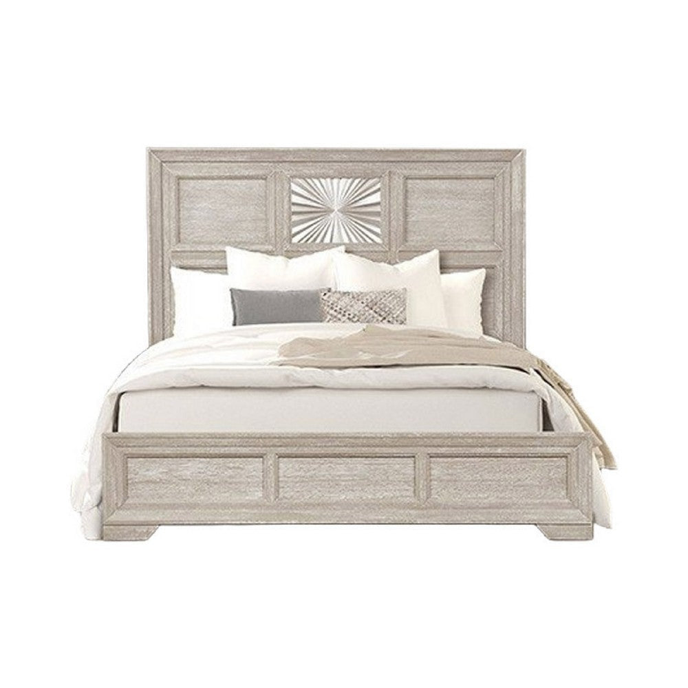 Diaz Queen Bed | Sunburst Pattern | Recessed Panel | Light Gray Wood