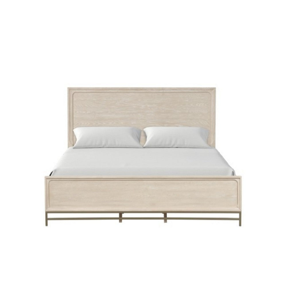 Rozie King Bed with Panel Style Headboard | Metal Legs Light Oak Wood