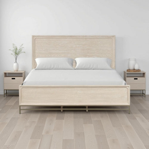 Rozie King Bed with Panel Style Headboard | Metal Legs Light Oak Wood