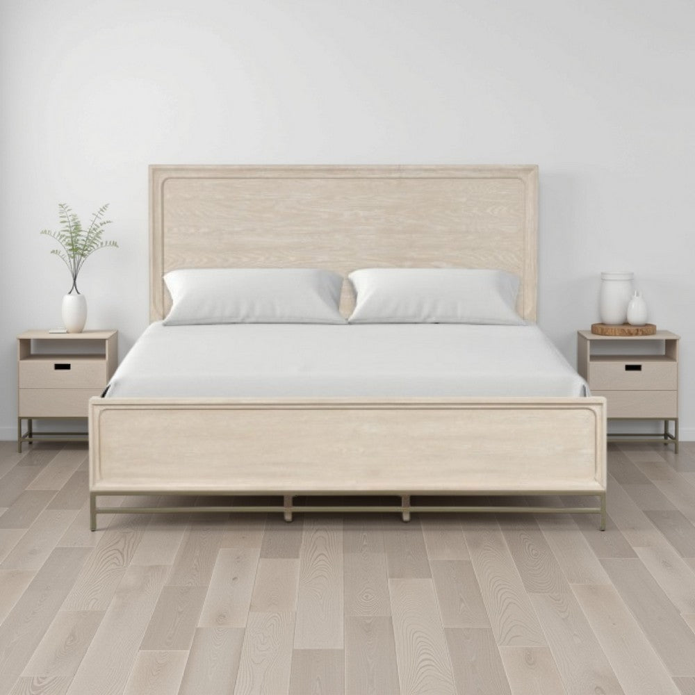 Rozie King Bed with Panel Style Headboard | Metal Legs Light Oak Wood